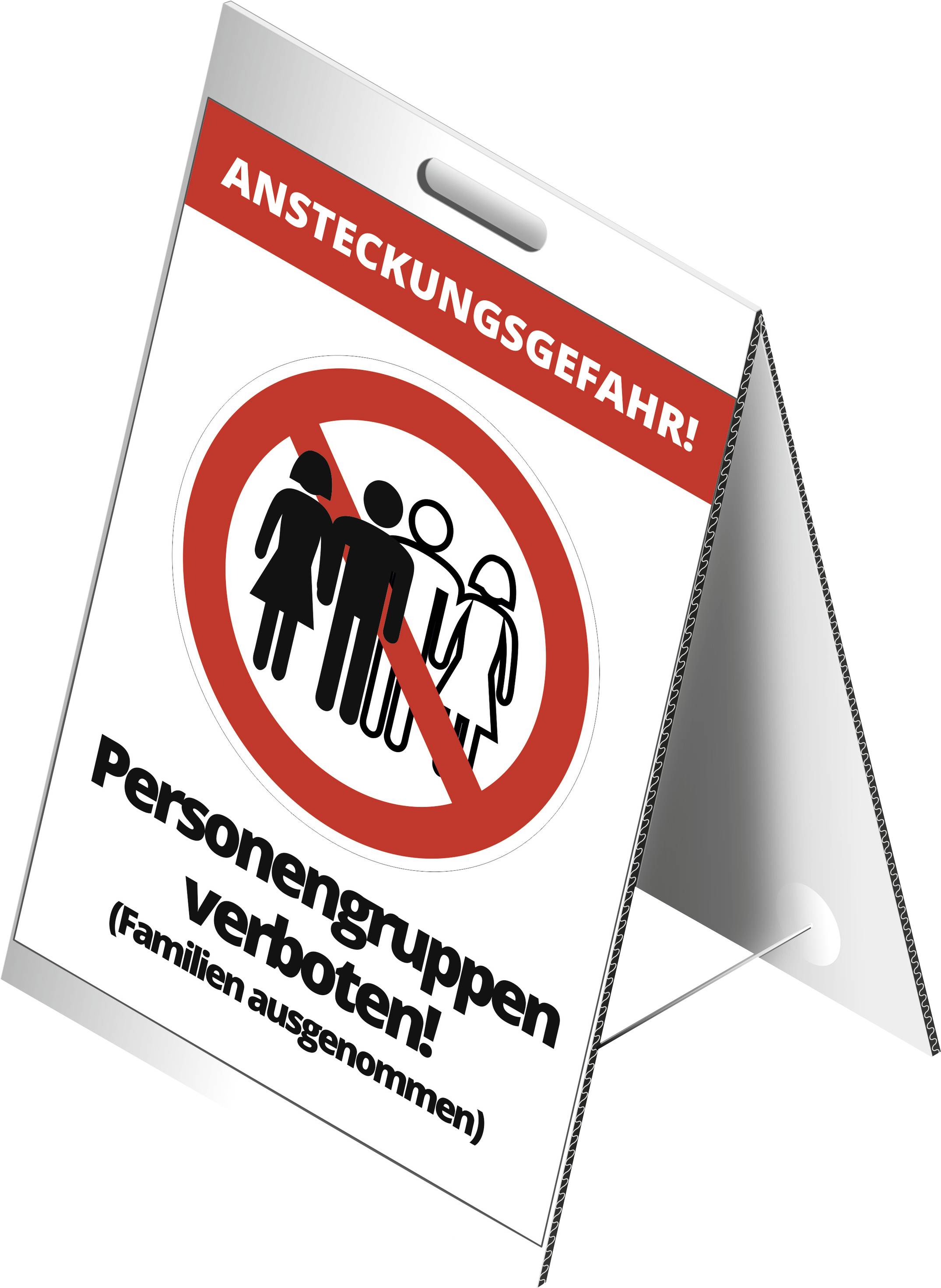 Panneau d'avertissement portant l'inscription 'Risque de contamination ! Rassemblement de personnes interdit ! (Familles exemptées)', avec pictogramme montrant des personnes barrées.
