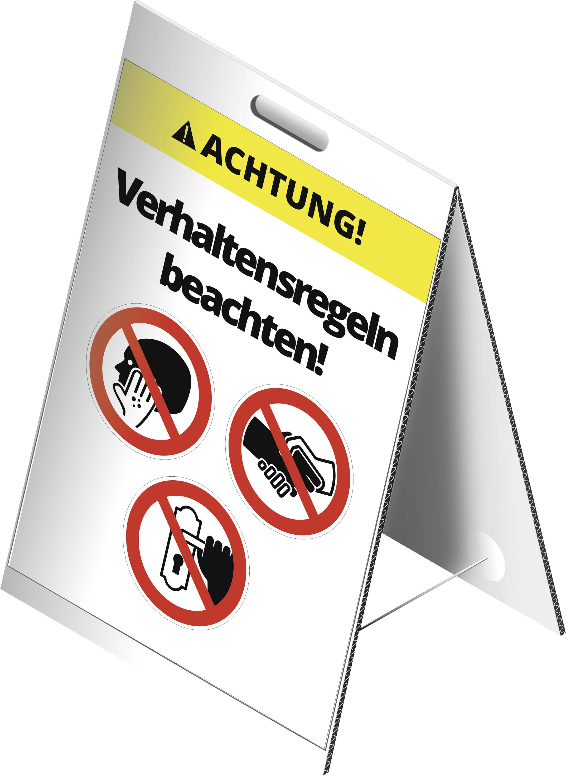 Panneau triangulaire d'avertissement portant l'inscription « Respecter les règles de conduite ! » avec des pictogrammes : ne pas se toucher le visage, ne pas se serrer la main, respecter l'hygiène des mains.