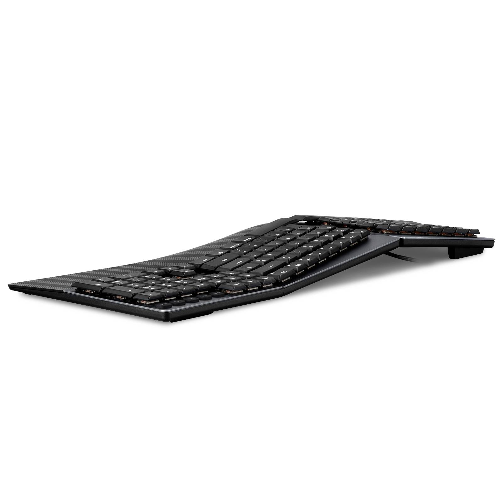 Un clavier ergonomique noir à la forme incurvée, conçu pour soulager les mains, vu de côté.