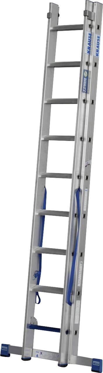 Une échelle en aluminium argenté avec des pieds bleus, composée de deux parties télescopiques et de sangles de maintien bleues. Idéale pour atteindre des endroits en hauteur.
