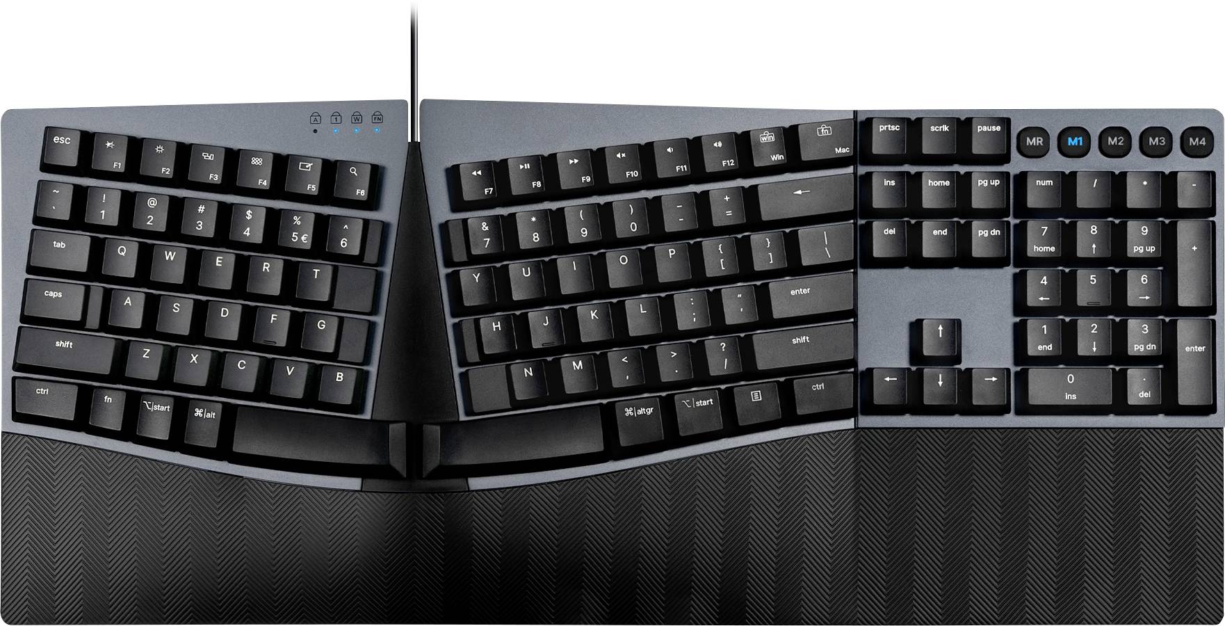 Clavier ergonomique divisé au design noir et à la surface incurvée, conçu pour une frappe confortable et une réduction de la fatigue.