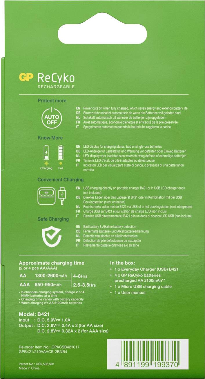 GP GPRCKCH421U370 Chargeur de piles rondes NiMH LR03 (AAA), LR6 (AA)-6