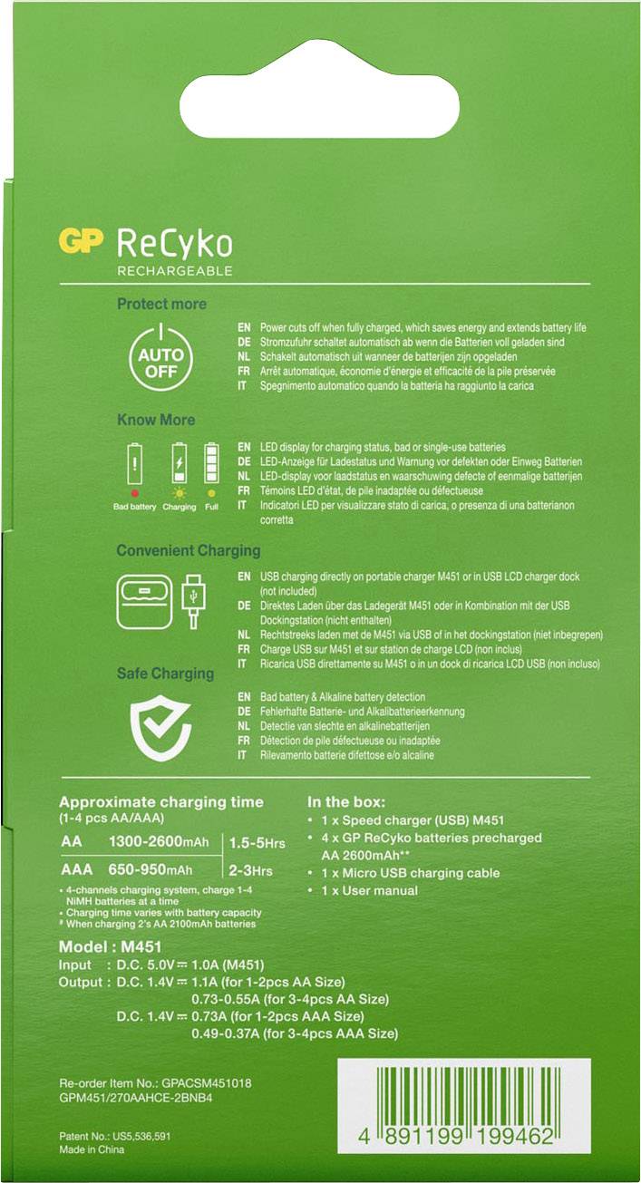 Emballage vert pour les batteries rechargeables GP ReCyko, indique le temps de charge pour les modèles AA et AAA, avec fonction 'Arrêt automatique' et indication de charge sécurisée.