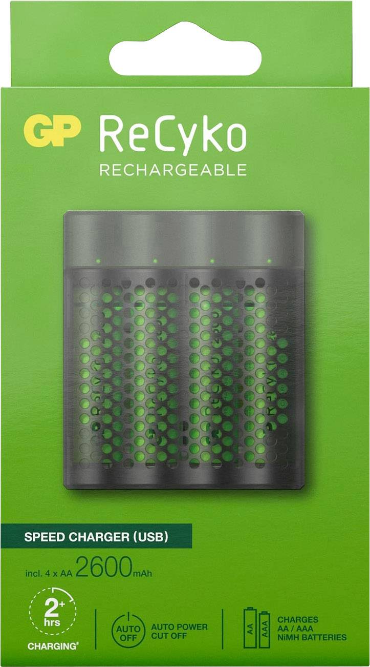 Emballage du chargeur de batteries 'GP ReCyko' avec quatre piles AA de 2600 mAh. Le texte décrit les temps de charge et les fonctions telles que l'arrêt automatique.