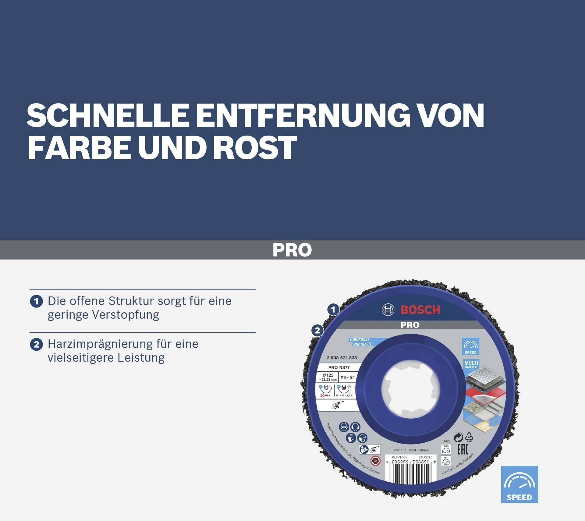 Disque de tronçonnage 'Bosch Pro', recommandé pour l'élimination rapide de peinture et de rouille. Avantages : structure ouverte, faible colmatage ; imprégnation de résine polyvalente.