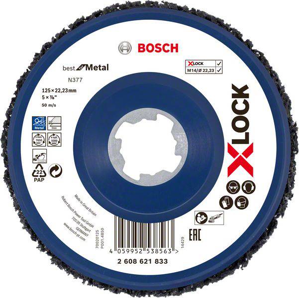 Disque à tronçonner 'X-LOCK' de Bosch pour métal, diamètre 125 mm. Présente des marquages indiquant les spécifications et les caractéristiques de sécurité.