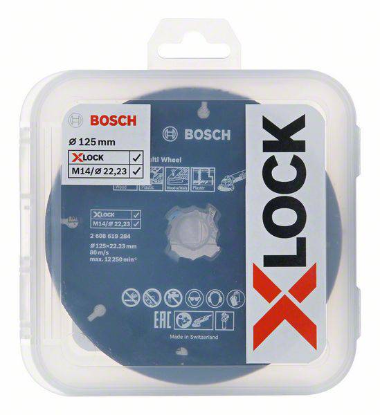 Emballage d'un disque de ponçage Bosch X-Lock, diamètre 125 mm. Compatible avec les systèmes M14/Ø 22,23 mm, provenant de Suisse.