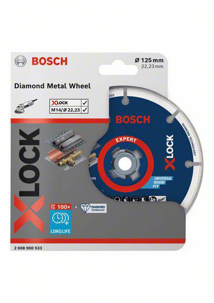 Disque de coupe diamanté Bosch avec système X-LOCK pour métal, diamètre 125 mm. Comprend une illustration du disque.