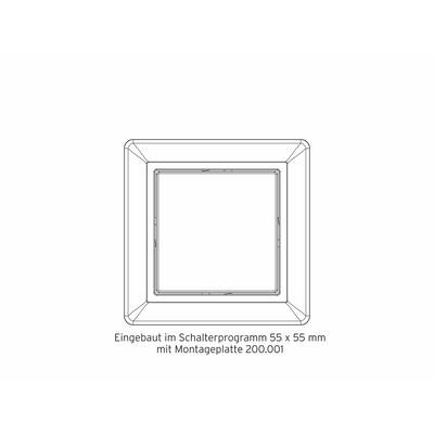 Couverture de programme de commutation, carrée 55 x 55 mm. Texte en dessous : 'Installé dans le programme d'interrupteurs 55 x 55 mm avec plaque de montage 200.001'.
