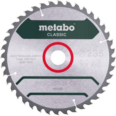 Gros plan d'une lame de scie circulaire Metabo Classic portant les inscriptions « 235 » et « 40 », avec un anneau central rouge et le texte « PRECISION CUT WOOD ».