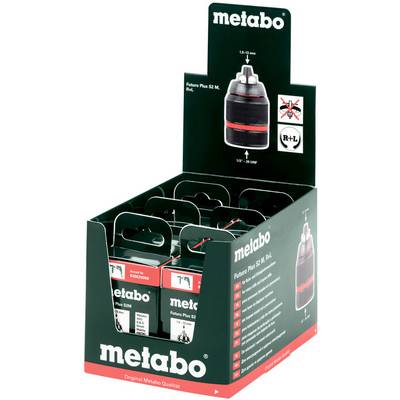 Affichage de boîte de pinces de perceuse Metabo, montrant plusieurs produits Futura Plus S2 M, R+L emballés dans un présentoir en carton de détail.