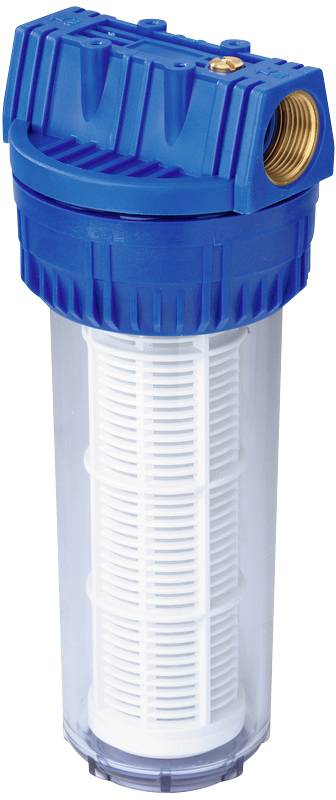 Filtre à eau bleu avec boîtier transparent et insert blanc. Fonction principale : purification de l'eau dans les systèmes sanitaires.