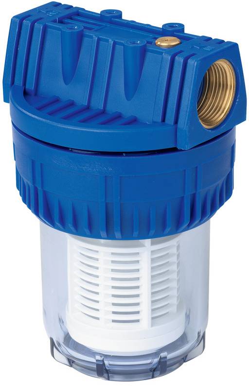 Cartouche de filtre à eau en ligne bleu et transparent avec entrée filetée en laiton sur le côté et élément filtrant blanc visible à l'intérieur du boîtier transparent.