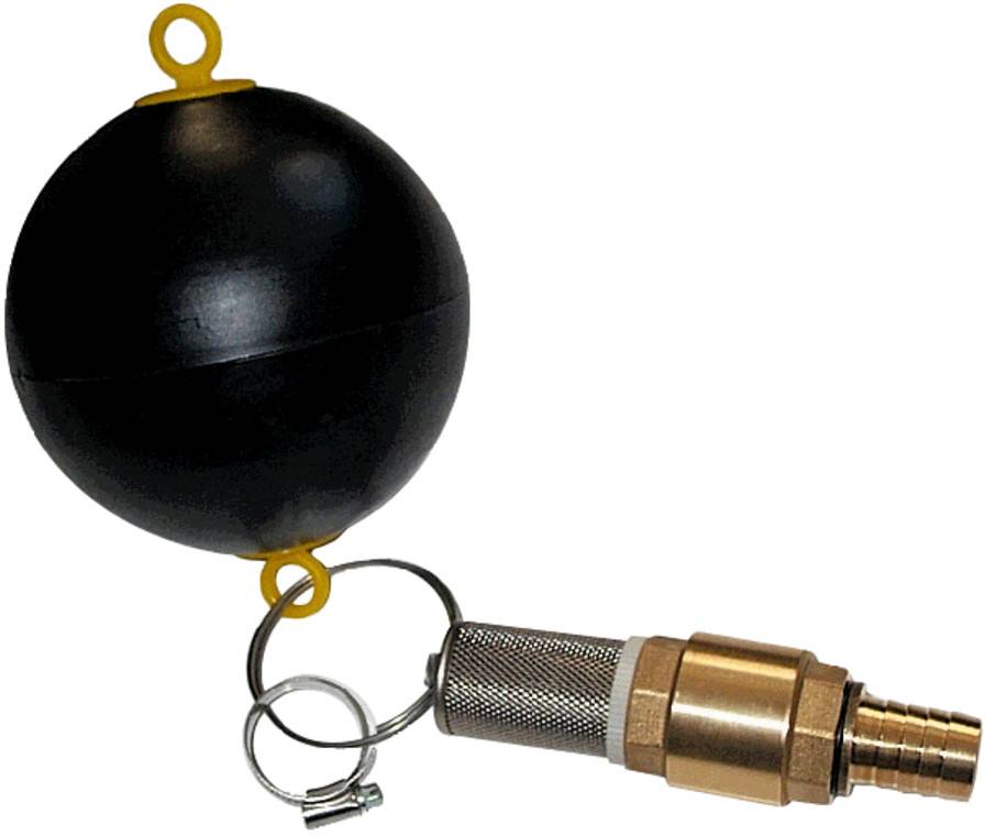 Flotteur sphérique noir avec boucle au sommet attachée à un connecteur de tuyau en laiton et anneau porte-clés en métal sur un fond blanc.