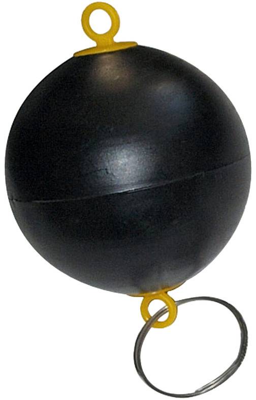 Flotteur sphérique noir avec des œillets jaunes et un anneau métallique attaché au bas, isolé sur fond blanc.