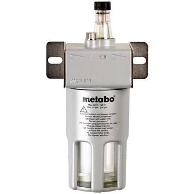 L'image montre un filtre à air Metabo avec un manomètre sur le dessus, adapté à une pression allant jusqu'à 14 bars.