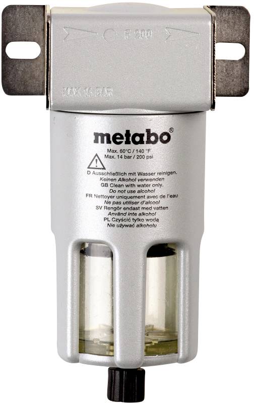 Filtre à air de Metabo avec indicateurs de pression et séparateur d'eau, adapté jusqu'à 14 bars. Indication de nettoyage disponible.