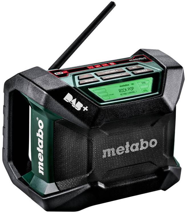 Radio de chantier Metabo portable avec antenne, affichage numérique et boîtier robuste noir-vert.