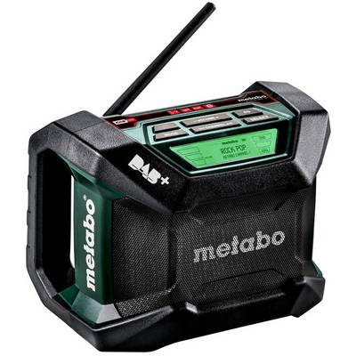 Radio de chantier Metabo portable avec antenne, affichage numérique et boîtier robuste noir-vert.