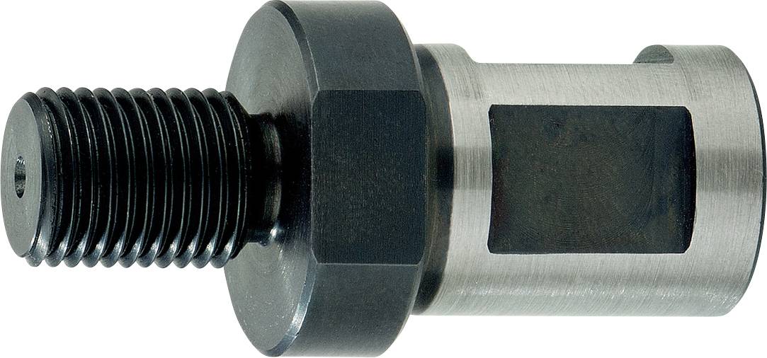 Boulon fileté en métal ou adaptateur avec tête hexagonale et corps cylindrique, présenté horizontalement sur un fond blanc.