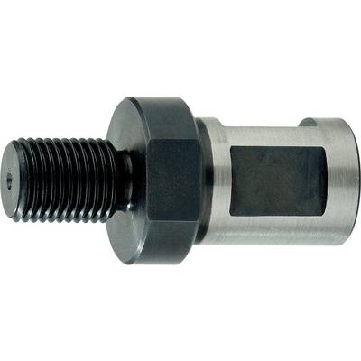 Boulon fileté en métal ou adaptateur avec tête hexagonale et corps cylindrique, présenté horizontalement sur un fond blanc.