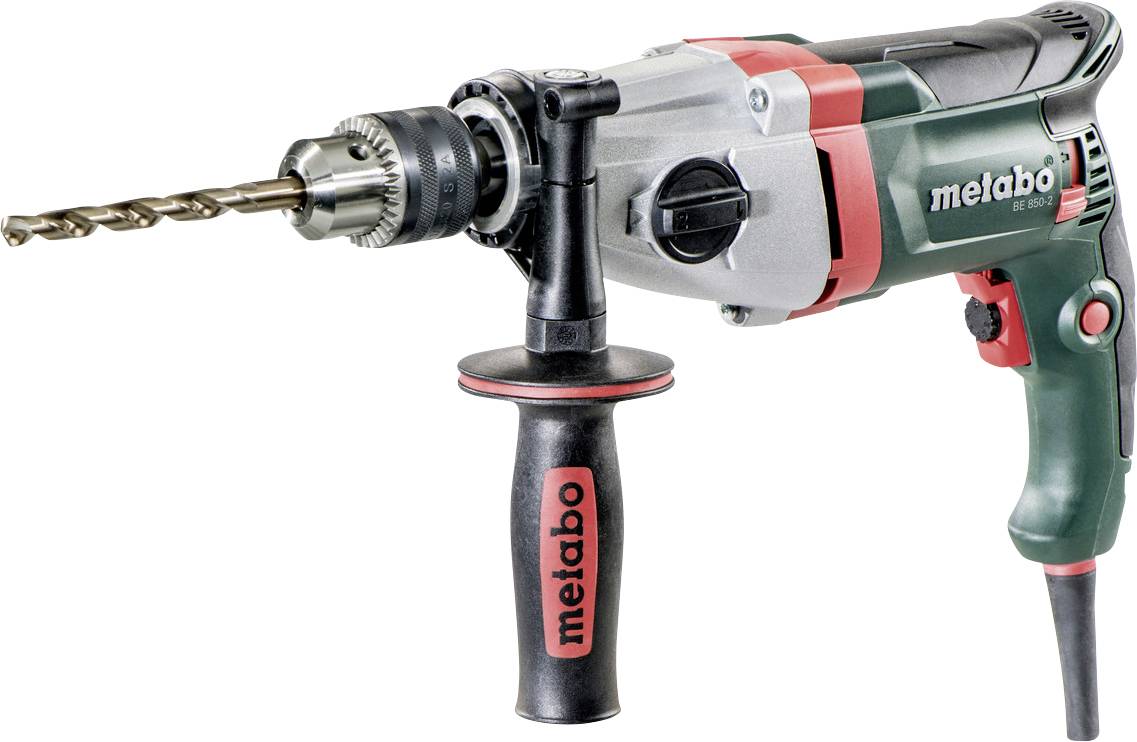 Perceuse Metabo électrique avec poignée latérale et foret sur fond blanc.