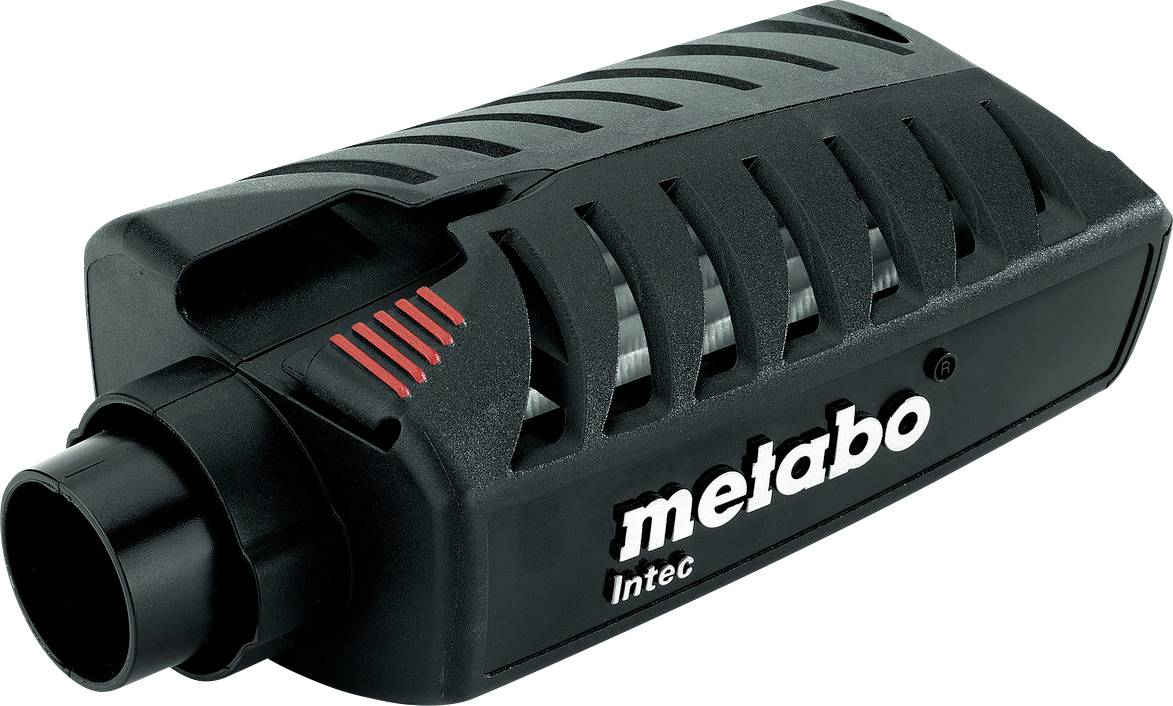 Pièce jointe d'outil électroportatif Metabo Intec noire avec évents latéraux, accents rouges et ouverture de tuyau avant.