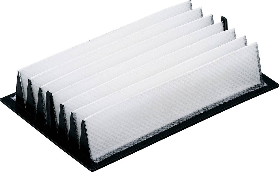 Cartouche de filtre à air plissé blanc dans un cadre rectangulaire noir, présenté sur fond blanc.
