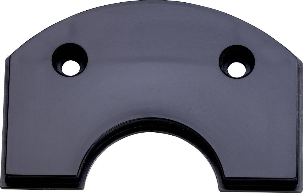 Supports métallique ou couvercle semi-circulaire noir avec deux trous de boulons et une grande découpe centrale, présenté sur un fond blanc.
