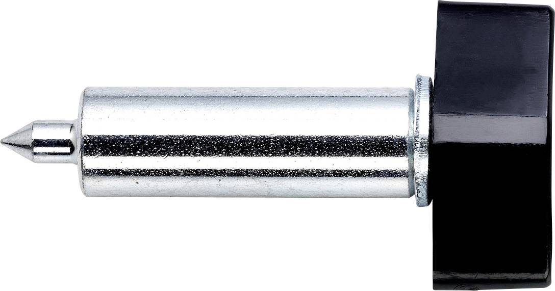 Gros plan d'un connecteur de prise ajustable en métal avec une pointe pointue et un capuchon d'extrémité en plastique noir, présenté sur un fond blanc.