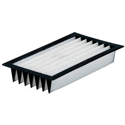 Filtre à air rectangulaire plissé avec un cadre noir, présenté en angle sur un fond blanc.