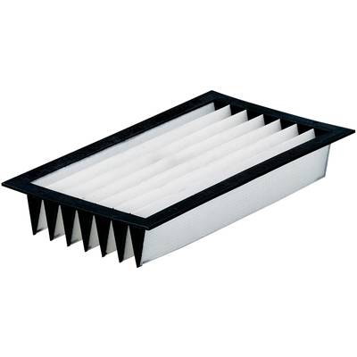 Filtre à air rectangulaire avec un cadre noir et un matériau filtrant blanc plissé.