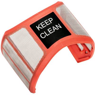 Attelle de poignet en maille orange avec une étiquette noire portant l'inscription « KEEP CLEAN » sur un fond blanc.