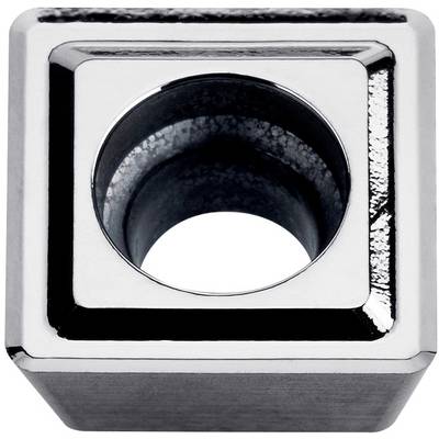 Objet métallique cubique avec un trou circulaire traversant son centre. Surface brillante, application industrielle présumée.