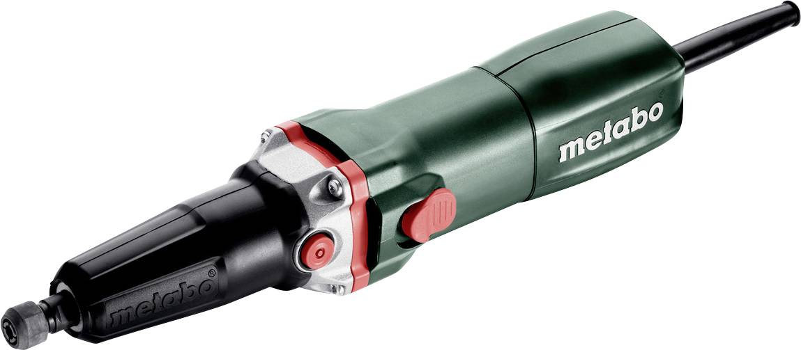 Outil électroportatif Metabo vert avec accessoire avant noir et commandes rouges, présenté sur un fond blanc.