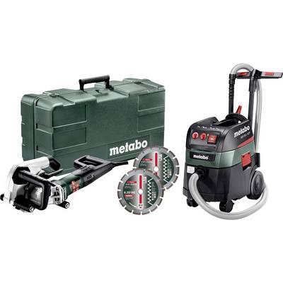 Kit d'outils Metabo avec mallette de transport verte, scie portative, deux lames circulaires et un aspirateur extracteur de poussière sur roues.