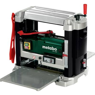 Raboteuse Metabo DH 330 avec un boîtier argenté et un intérieur vert. Comprend des leviers rouges et des boutons de sécurité pour le fonctionnement.
