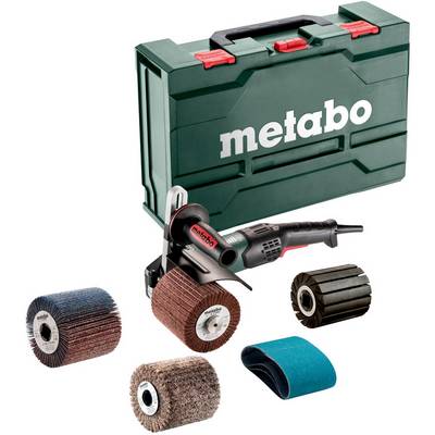 Kit d'outils électriques Metabo avec malette de transport verte, meuleuse d'angle, et assortiment de tambours et courroies de ponçage et de polissage.