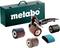 Un outil électrique Metabo avec différents accessoires de ponçage et de polissage devant une valise verte Metabo.