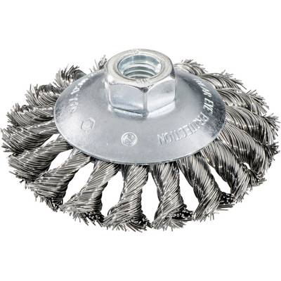 Brosse à disque métallique avec écrou central, utilisée pour moudre ou nettoyer les surfaces.