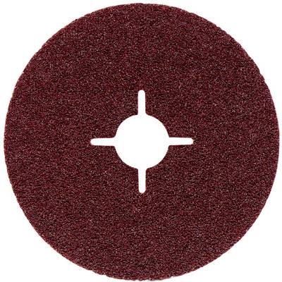 Disque abrasif brun-rouge, ovale, avec un trou central rond et deux fentes, utilisé pour le meulage de surfaces.