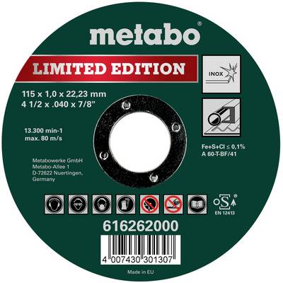 Disque à tronçonner 'Metabo Édition Limitée', 115 x 1,0 mm, max. 13.300 tr/min, adapté pour l'acier inoxydable.