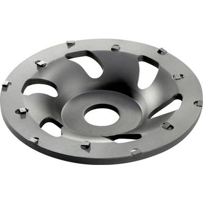 Meule à meuler circulaire en métal gris avec trou central et segments de coupe attachés.