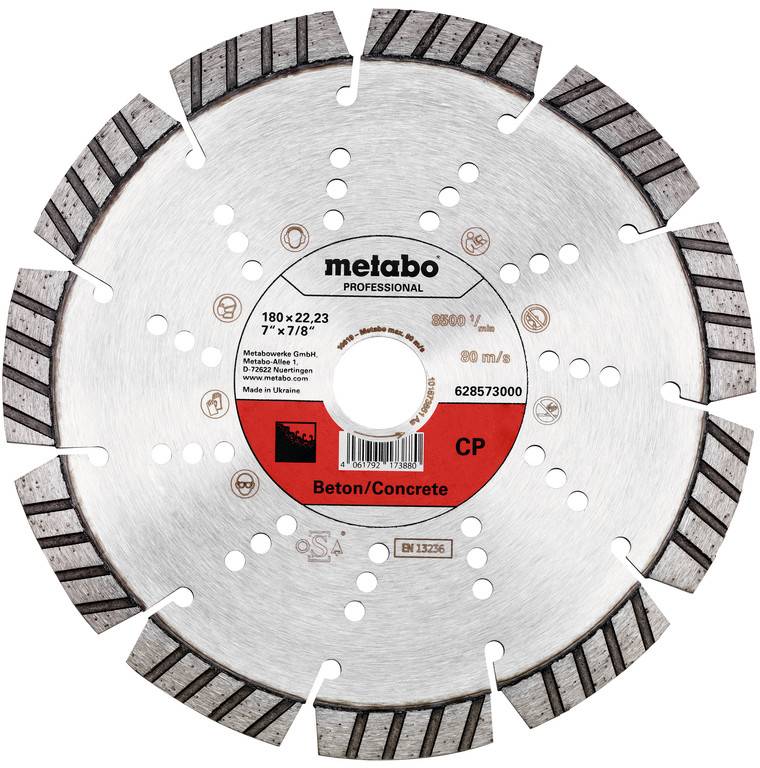 Lame diamantée professionnelle Metabo pour le découpage du béton, marquée 180 x 22,23 mm, avec arête de coupe segmentée et trou d'arbre central.