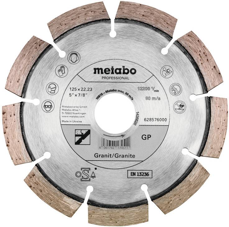 Lame de scie diamantée segmentée Metabo Professional pour la coupe du granit, marquée 125 x 22,23 mm avec certification EN 13236.