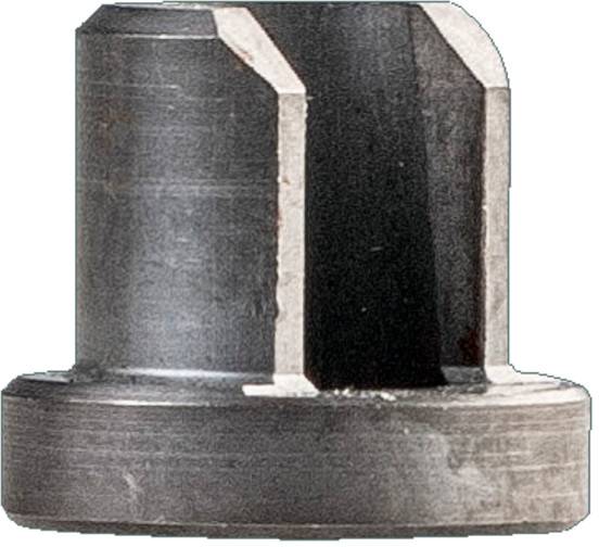 Gros plan d'un composant mécanique cylindrique noir avec une large base ronde et deux arêtes latérales verticales de couleur claire.