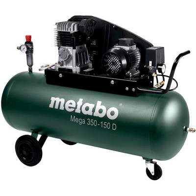 Compresseur d'air portatif Metabo Mega 350-150 D vert avec réservoir, roues, moteur, manomètre et poignée.