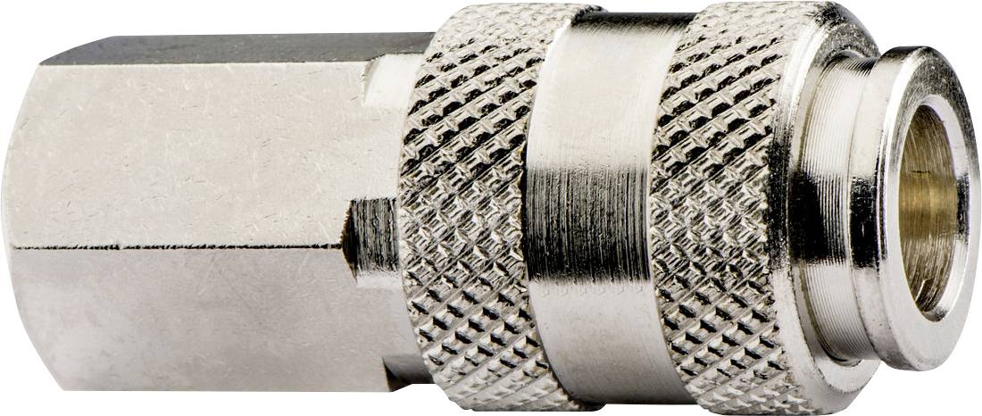 Gros plan d'un raccord à connexion rapide en métal avec extrémité hexagonale et poignée cannelée, présenté sur un fond blanc.