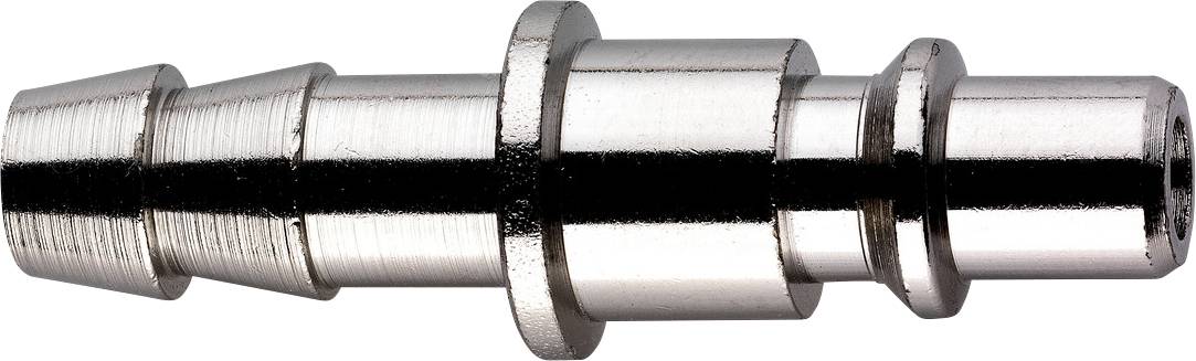 Gros plan d'une pièce cylindrique usinée à degrés brillante en métal avec des rainures et des brides, présentée sur un fond blanc.