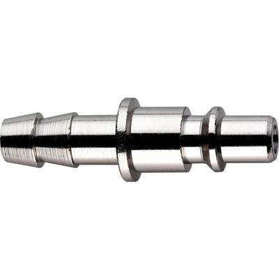 Gros plan d'un connecteur ou d'un raccord d'arbre cylindrique en métal brillant avec des sections étagées et des rainures, présenté sur un fond blanc.